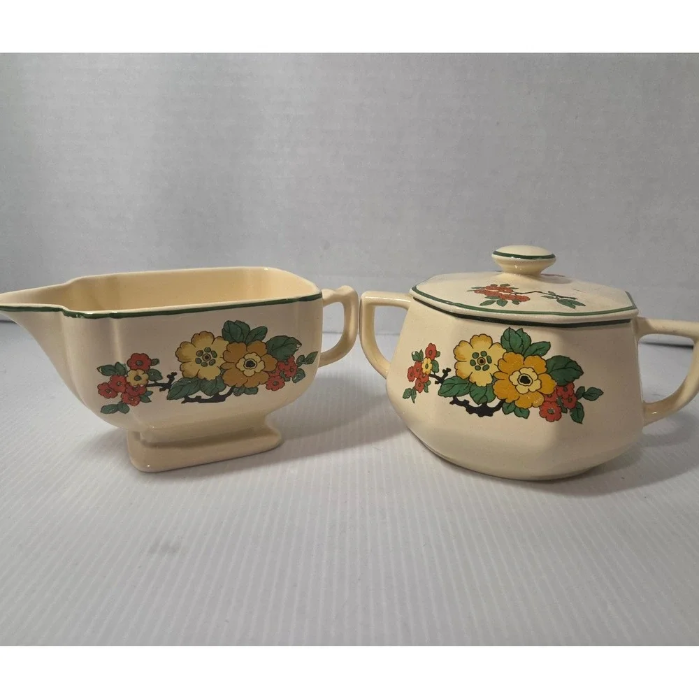 Homer Laughlin Floral Covered Sugar Bowl & Gravy Boat Cream Ivory USA